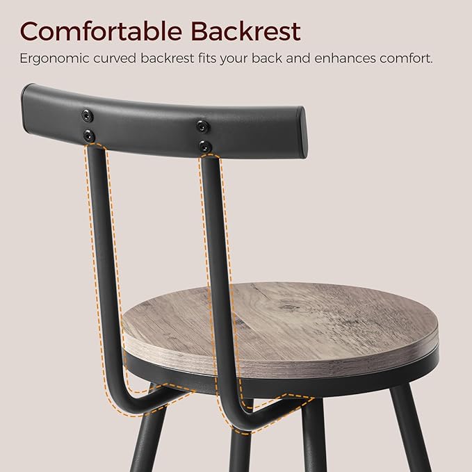 Bar Stools, Set of 2 Bar Chairs with Backrest and Footrest, 26" Tall Counter Stools, Metal Frame, Adjustable Feet, Easy Assembly, for Kitchen, Living Room, Pub, Greige BAHG6001