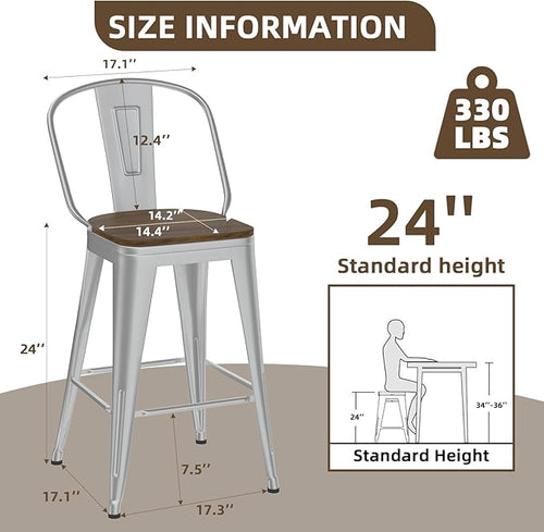 24” Swivel Bar Stools Set of 4, Counter Height Bar Stools Wooden Seat, Metal Industrial Bar Chairs with High Back for Kitchen Island (Silver)