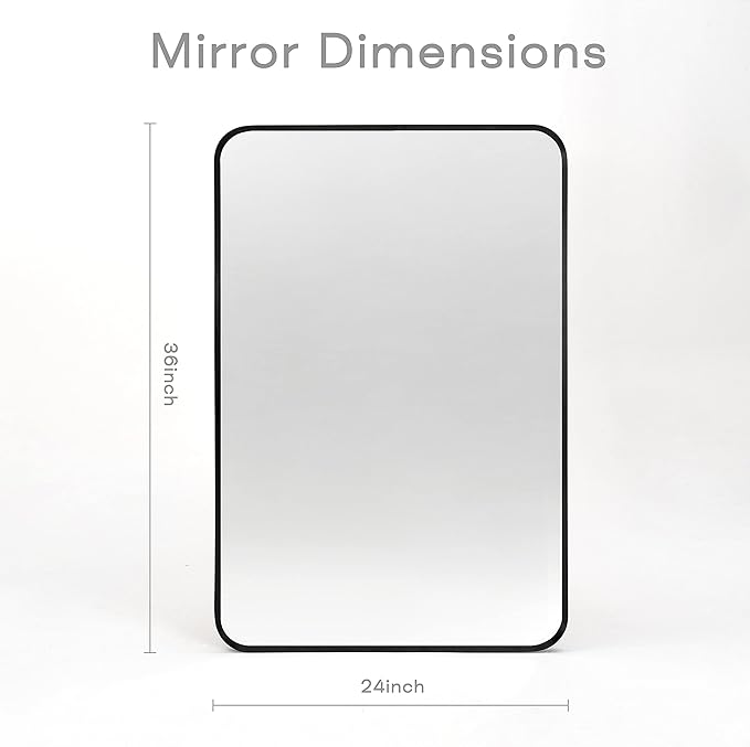 Wall Mount Mirror for Bathroom, Brushed Black Metal Framed Rounded Corner Rectangular Vanity Mirror (24" x 36", Black)