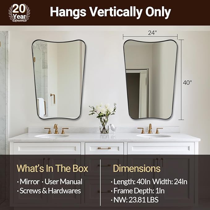 ANDY STAR Matte Black Mirror, 24x40 Inch Bathroom Vanity Mirror, Asymmetrical Mirror in Premium Stainless Steel Frame, Deep 1’’, Butterfly Shaped Decorative for Bathroom, Powder Room, Entryway