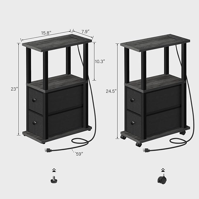 TUTOTAK Small Narrow End Tables, Side Tables with 2 Fabric Drawers, Set of 2, Bedside Tables with Charging Station for Small Spaces, Slim Nightstands with USB Ports and Wheels, TB01BY053