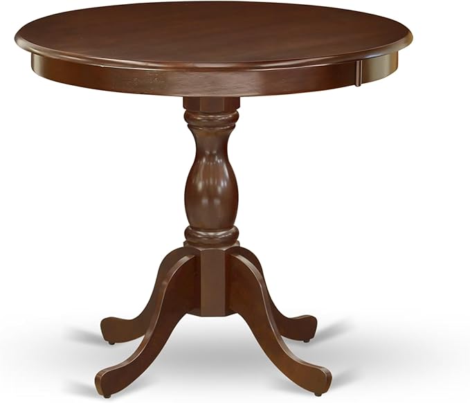 East West Furniture AMSI3-MAH-35 3 Piece Dining Room Table Set Contains a Round Kitchen Table with Pedestal and 2 Doeskin Linen Fabric Parson Dining Chairs, 36x36 Inch, Mahogany