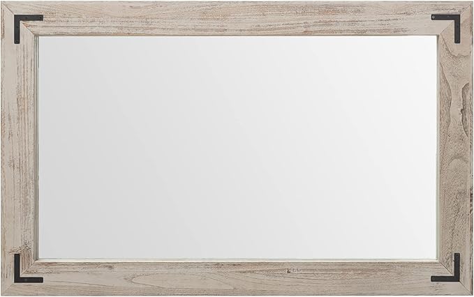 YOSHOOT Rustic Wooden Framed Wall Mirror, Natural Wood Bathroom Vanity Mirror for Farmhouse Decor, Vertical or Horizontal Hanging (40" x 26", White Grey)