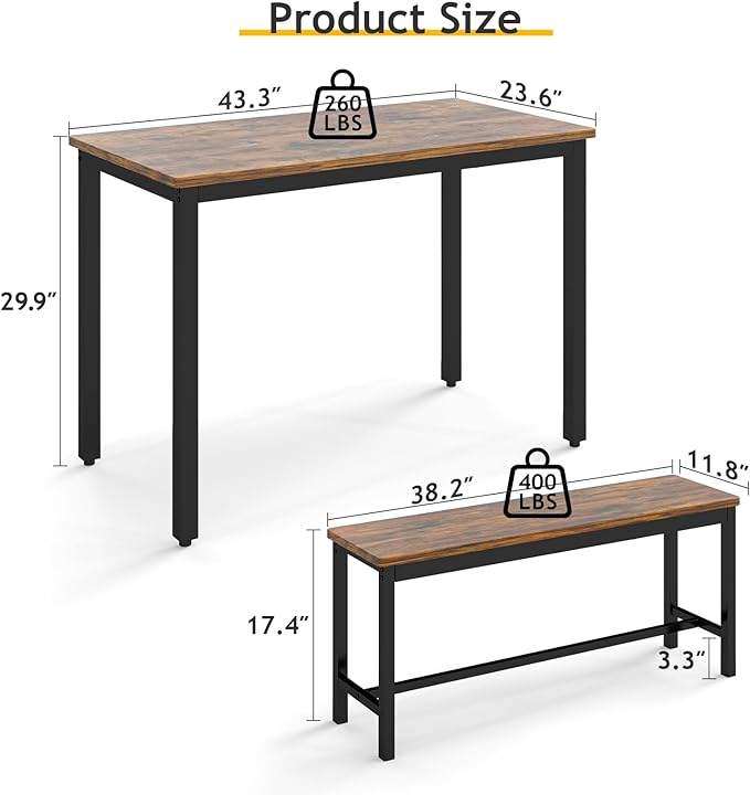 Rovibek Dining Table Set for 4 with 2 Benches – Space-Saving Kitchen Table Set for Kitchen & Dining Room, Brown