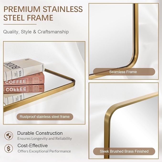 ANDY STAR 48x36 Inch Gold Bathroom Mirror, Brushed Gold Mirrors for Wall in Anti-Rust SUS304 Tube Metal Frame, Rounded Rectangle Mirrors 1’’ Deep Wall Mounted Vertically/Horizontal for Bathroom