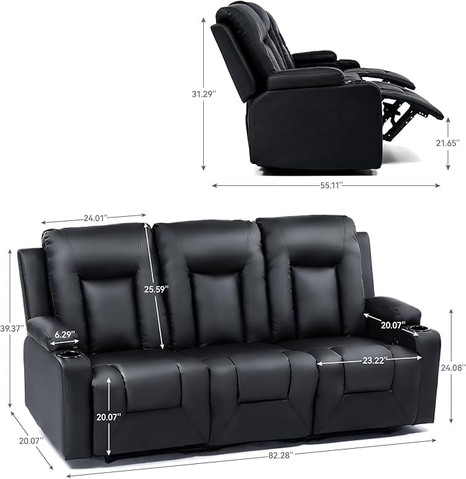 LUCKLIFE Leather Recliner Sofa Set with Manual Recliners,Living Room Furniture Set with Reclining Couch,Loveseat and Armchair,Living Room Chair with Cup Holders,Black (3+1)