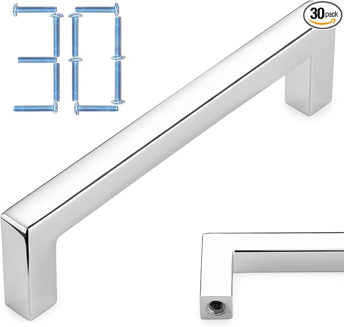 KOOFIZO 30-Pack Solid Square Bar Cabinet Handle - Chrome Furniture Pull, 3.8 Inch/96mm Screwhole Distance for Kitchen Cupboard Door, Bedroom Dresser Drawer, Bathroom Wardrobe Hardware