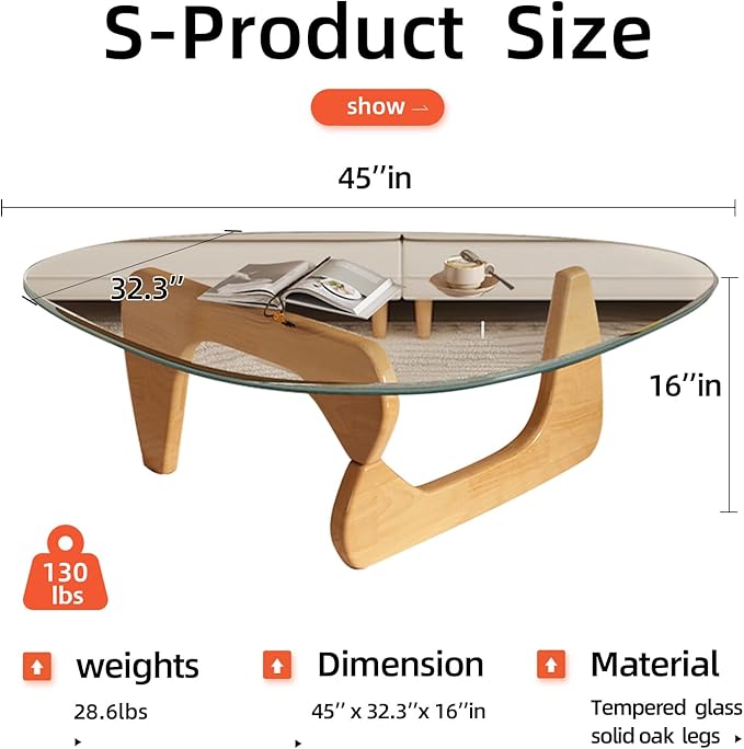 Modern Glass Coffee Table for Living Room, Mid Century Coffee Tables, Suitable for Bedroom Living Room Reception Office Tables（Wood/Transparent，Large）