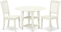 East West Furniture SUDA3-LWH-W 3 Piece Dining Room Table Set Contains a Round Dining Table with Dropleaf & Shelves and 2 Wood Seat Chairs, 42x42 Inch, Linen White