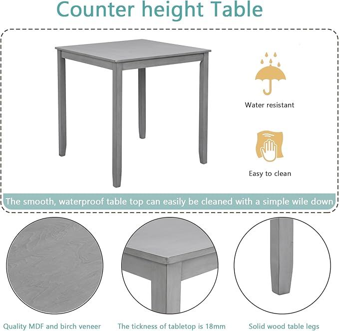 KEIKI 5-Piece Counter Height Dining Table Set with Square Table and 4 Upholstered X-Shaped Backrset Chair, for 4 Person, Modern Style Wooden Table Set, Easy Assembly, for Kitchen, Dining Room, Gray