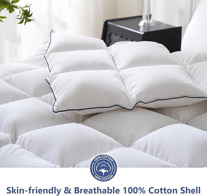 DOWNCOOL Feather Comforter California King, White Fluffy Duvet Insert with Ultra Soft 100% Cotton Cover, All Season Luxurious Hotel Bed Comforter with Corner Tabs, California King 104"x96"
