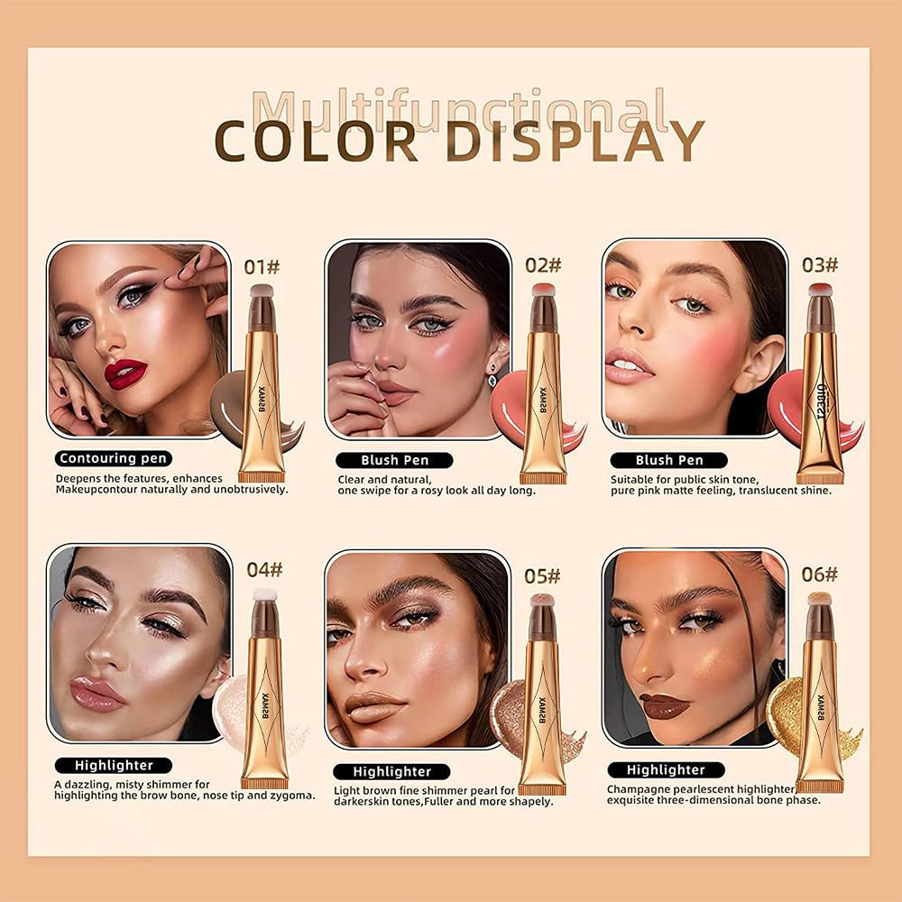 3 Pcs Liquid Contour Beauty Wand Set, Contour & Blush & Highlighter Stick with Cushion Applicator， Attached Easy to Blend, Long Lasting & Smooth Natural Matte Finish (01#03#04)