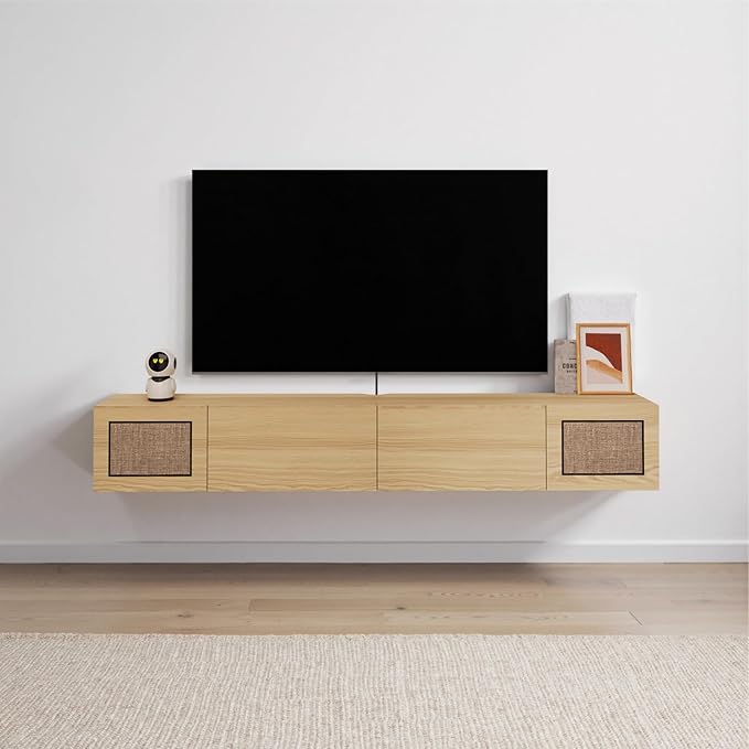 Pmnianhua Boho Floating TV Stand 70", Modern Wall Mounted Media Console with Cotton-Rayon Doors for Under TV Shelf,Entertainment Center,Living Room,Bedroom(Natural)