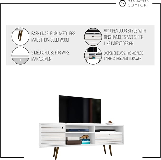 Manhattan Comfort Liberty Collection Mid Century Modern TV Stand With Three Shelves, One Cabinet and One Drawer With Splayed Legs, White/Wood, Large, Model:202AMC69