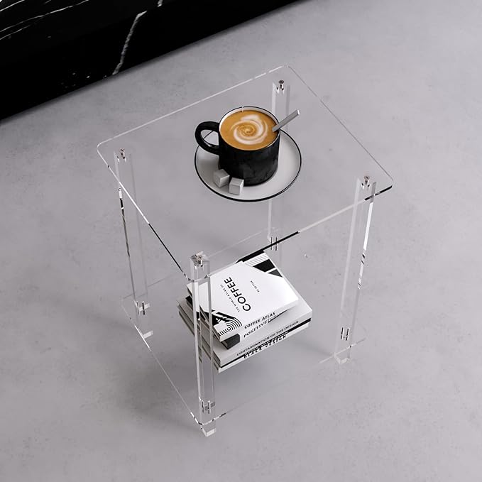 Eglaf Acrylic Side Table Set of 2-13.4'' L x 11.5'' W x 19.6'' H Small End Table Clear Nightstand Bedside Table for Living Room, Bedroom, 2-Tier, Square Leg