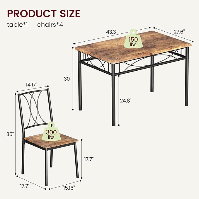 GAOMON Dining Table Set for 4, Rectangle Kitchen Table with 4 Wood Chairs Set for 4, 5-Piece Compact Apartment Kitchen & Dining Room Set Furniture for Small Spaces, Space-Saving, Rustic Brown