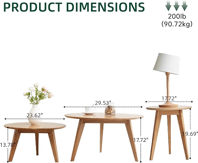100% Solid Oak Wood Coffee Table Set, Round Coffee Table Combo Side Table w/Solid Wood Legs, Mid Century Table Sturdy Tables for Bedroom Balcony Living Room (Natural, 3 Pieces)