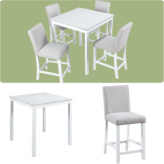 5PCS Modern White Counter Height Dining Table Set, Square Table with Crystal Decoration and 4 Upholstered Chairs for Kitchen, Dining Room