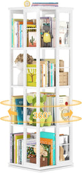 Aheaplus Rotating Bookshelf, 4-Tier Corner Bookshelf, 360 Display Wood Spinning Bookshelf, Floor Standing Bookcase Narrow Shelf Revolving Organizer Storage Rack for Small Space, Study Room, White