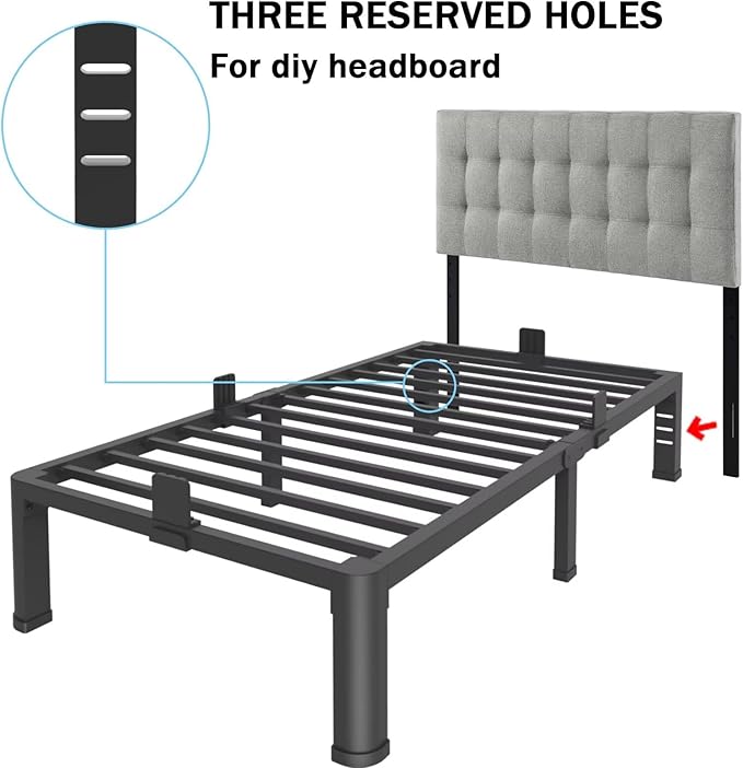 FUIOBYVV 18 Inch Twin XL Bed Frame with Rounded Corner and Headboard Hole Mattress Retainers 3500 LBS Metal Heavy Duty Steel Slats Support No Box Spring Needed Platform Noise Free Easy Assembly