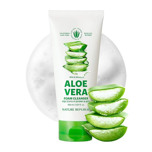 Nature Republic Mild & Moisture Aloe Vera Foam Cleanser Hydration & Moisturizing makeup remover, Pore Cleansing aloe face wash,Korean Skin Care for All Skin Types 150ml / 5.07 fl Oz