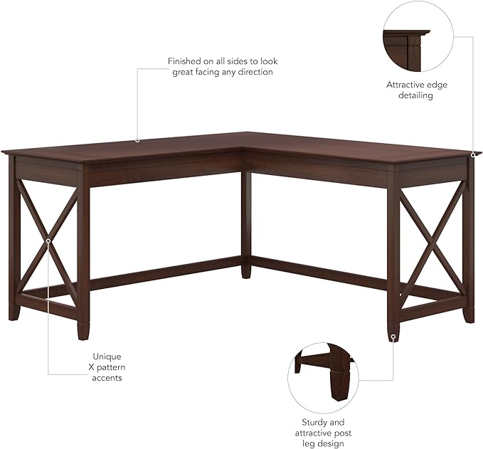 Bush Furniture Key West 60W Modern Farmhouse L Shaped Desk in Bing Cherry | 60-Inch Corner Table for Home Office