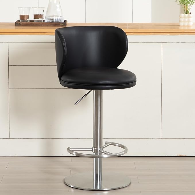 Bar Stools Adjustable Stainless Steel Swivel Barstool with Back and Footrest Leather Upholstered Bar Chairs for Home,Kitchen,Bar, Counter (Black, 1pc)