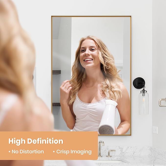 Melodieux Wall Vanity Bathroom Mirror for Over Sink, 30"x40" Rounded Rectangle Metal Deep Frame Wall Mounted Mirror Wall Decor for Living Room Hallway, Gold