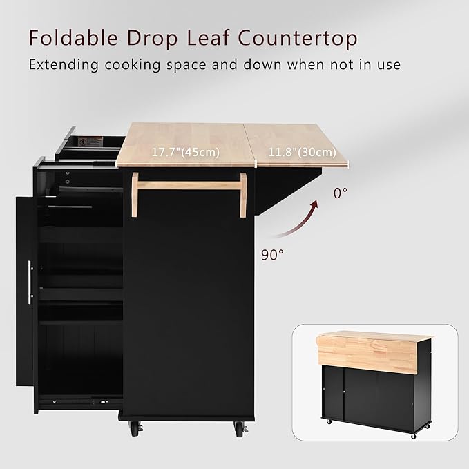 46" Kitchen Island with Drop Leaf,Dining Storage Cart W/ 3 Tier Pull Out Cabinet Organizer & Internal Storage Rack,Rolling Cart on Wheels W/Towel Rack & 2 Drawers,for Kitchen,Black