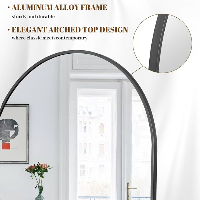 Koonmi 34"x76" Arched Full Length Mirror, Black Large Floor Mirror with Aluminum Alloy Frame Standing Hanging or Leaning Wall-Mounted Mirror, Vanity Mirror for Living Room and Bedroom