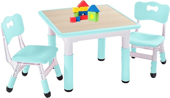 FUNLIO Kids Table and 2 Chairs Set, Height Adjustable Toddler Table and Chair Set for Ages 3-8, Easy to Wipe Arts & Crafts Table, for Classrooms/Daycares/Homes, CPC & CE Approved (3pcs Set) - Green