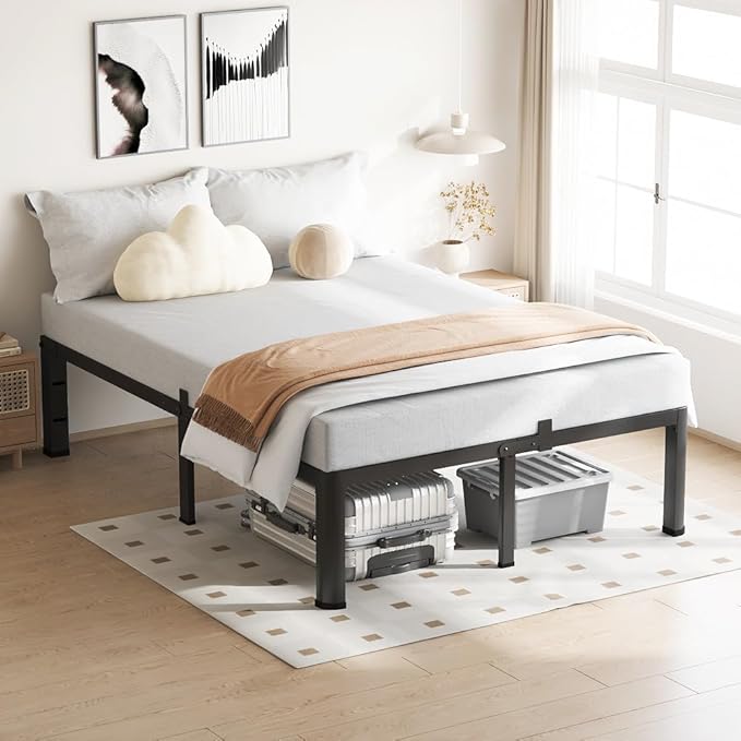 18 Inch Queen Bed Frame, 3500Lbs Heavy Duty Metal Platform with Round Corner Legs Mattress Slide Stopper, Steel Slat Support No Box Spring Needed, Noise Free, Non-Slip, Easy Assembly