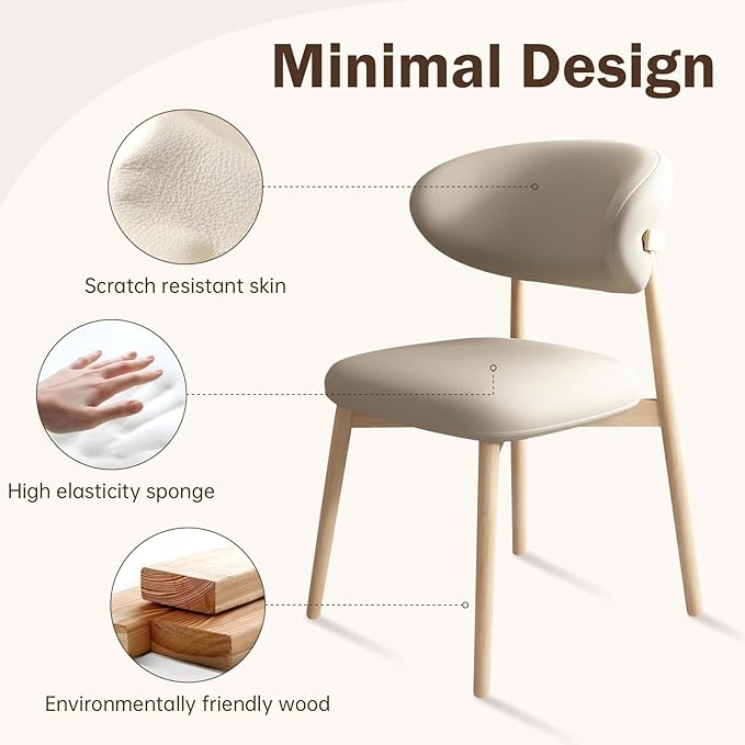 Upholstered Dining Chairs Set of 2,Mid Century Modern Kitchen Chairs with Back and Wood Frame,Faux Leather Dinner Chairs (Light Khaki + Original Wood Legs, Set of 2)