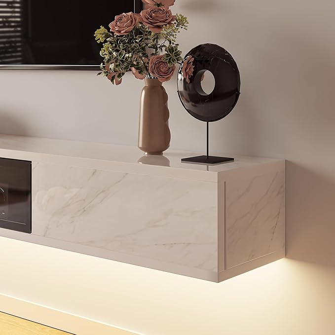 High Gloss Floating TV Stand,94'' Wall Mounted TV Console,Under TV Floating Shelf,Floating TV Cabinet with 3 Doors for Bedroom Living Room,White