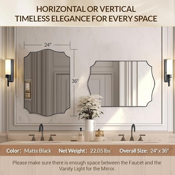 Black Wall Mirror, 24x36 Scalloped Mirror for Bathroom, Anti-Rust Metal Frame Vanity Mirrors for Living Room, Bedroom, Fireplace