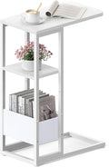 C Shaped End Table, Small Side Table for Couch, Recliner, Slide Under Sofa Tray Desk Snack Tables with Storage Bag for Living Room,Bedroom, Small Spaces - White