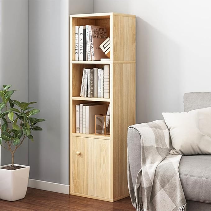 IOTXY Small Narrow Corner Bookcase - 47 Inches Tall Gap Freestanding Storage Cabinet, 4 Lattices Open Shelves Tower Rack with Door, Cubes Bookshelf in Oak