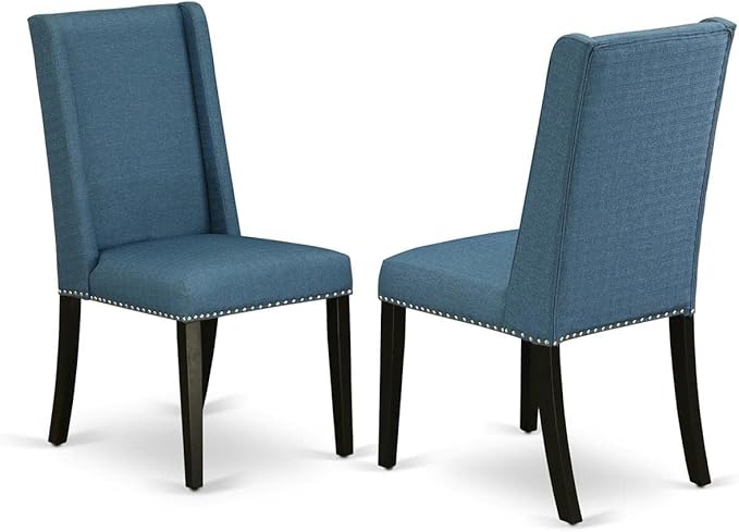 East West Furniture DLFL5-BLK-21 5 Piece Kitchen Table Set for 4 Includes a Round Dining Table with Dropleaf and 4 Blue Linen Fabric Parson Dining Room Chairs, 42x42 Inch, Black