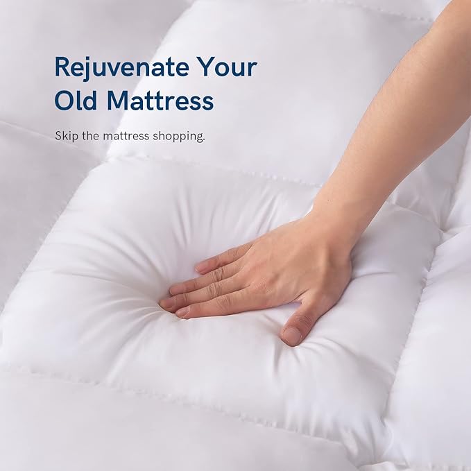 ELEMUSE Super/Olympic Queen Mattress Topper for Back Pain, Extra Thick Mattress Pad Cover, Plush Soft Pillowtop with Elastic Deep Pocket, Overfilled Down Alternative Filling