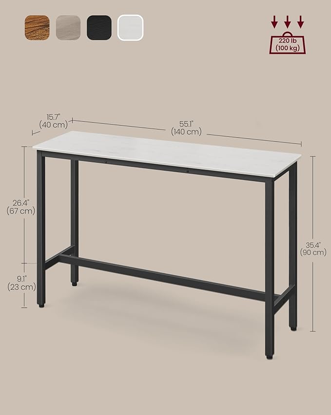 VASAGLE Bar Table, Narrow Long Kitchen Dining Table, Sturdy Metal Frame, Industrial, 15.7 x 55.1 x 35.4 Inches, Rustic White and Ink Black ULBT140B73