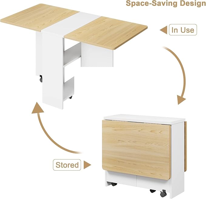 GarveeHome Folding Dining Table, Space Saving Farmhouse Dining Table for 4 Storage Shelf, 6 Wheels Multipose Expandable Kitchen Drop Leaf Table for Small Space (Pear Wood, 47.2"D x 23.6"W x 29.5"H)