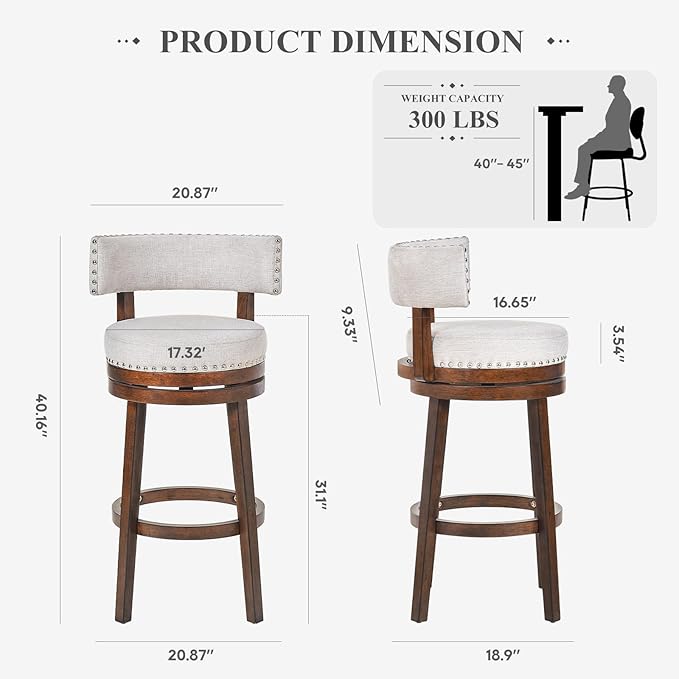 COLAMY Swivel Bar Stools Set of 4, Swivel Counter Height Barstools, 30 Inch Upholstered Barstools for Kitchen Island Dining Room Bar, Beige