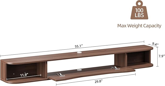Floating TV Stand,55'' Wall Mounted TV Cabinet,Floating TV Console,Under TV Shelf with 1 Door and 2 Cabinets for TVs up to 65''(Walnut)