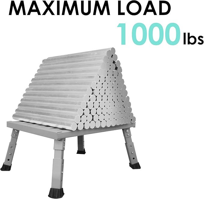 Adjustable Height Aluminum RV Step, Stable Foldable Platform Step Stool, Supports Up to 1,000 lb, Non-Slip Rubber Feet and Platform Mat, Easy to Carry (Silver)