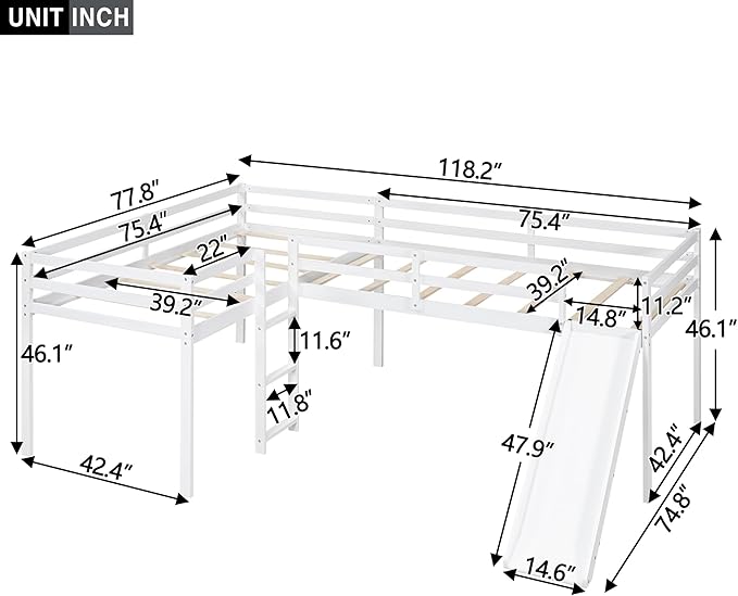 L-Shaped Twin Size Loft Bed with Ladder and Slide,Solid Wood Structure Bed Frame,w/Safety Guardrail & Slat Supports,Space Saving,Easy to Assemble,for Kids,Teens,Girls & Boys,White