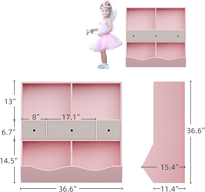 IDEALHOUSE 7-Cubby Large Kids Toy Storage Organizer, Children Wood Bookcase and Bookshelf, 3-Tier Toy Storage Cabinet with 3 Drawers for Hallway, Playroom, Living Room, School,Pink