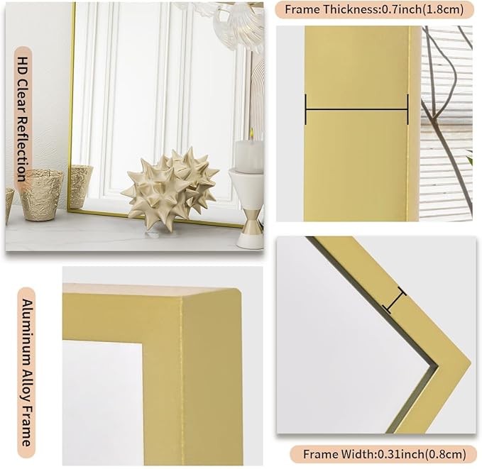 Koonmi Gold Mirrors for Wall, 36x60 Inch Bathroom Mirror, Rectangular Wall Mirror for Living Room Bedroom Bathroom, Hangs Horizontally or Vertically