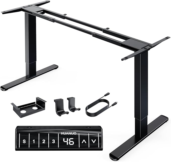 HUANUO Electric Standing Desks Frame with 265 lbs Dual Motor,Thick T-Shaped Desk Legs Made of Automotive Grade Steel,for Max 90″x31.5″ Desktop, Height Adjustable Desk Frame for Home Office, Frame Only