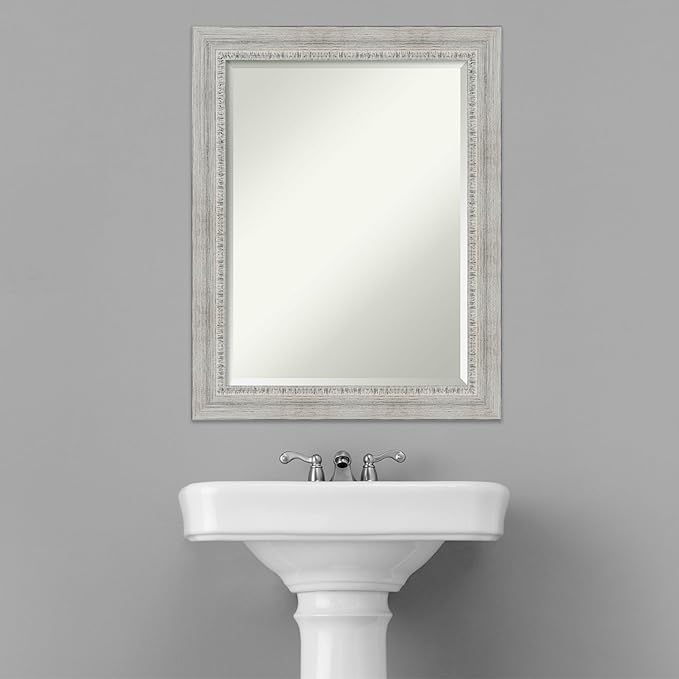 Amanti Art White Bathroom Mirror for Over Sink, 29x23 Rustic White Wash Rectangle Vanity Mirror, Medium Rustic Farmhouse Wood Frame, Hangs Horizonally and Vertically, Bathroom Wall Decor, Beveled Edge
