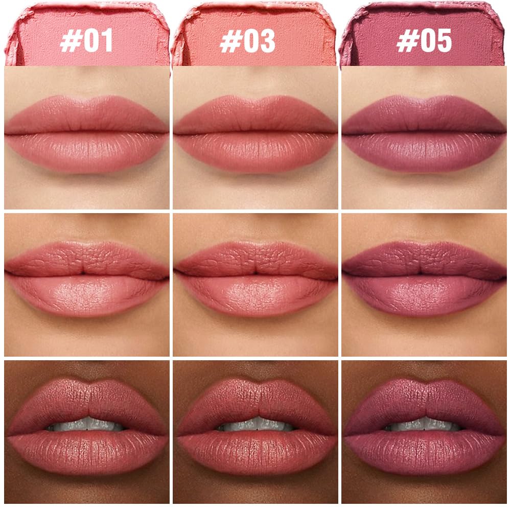 3Pcs Matte Lipstick Crayon Set for Women, 24 Hour Lipstick Lip Liner Pencil, Neutral Lip Stick Lipliner Long Lasting Waterproof Smudge Proof, Vegan & Cruelty-Free, 01+03+05